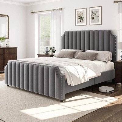 Whizmax Platform Bed Frame with Headboard, Velvet Upholstered Bed Frame King with Vertical Channel Tufted Headboard & Footboard, Nailhead Trim