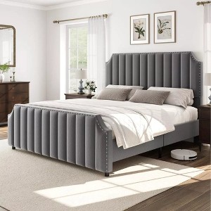 Whizmax Platform Bed Frame with Headboard, Velvet Upholstered Bed Frame King with Vertical Channel Tufted Headboard & Footboard, Nailhead Trim - 1 of 4