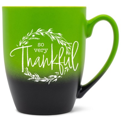 Elanze Designs So Very Thankful Wreath Two Toned Ombre Matte Green and Black 12 ounce Ceramic Stoneware Coffee Cup Mug