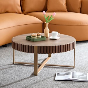FONTOI Modern Handcraft Round Coffee Table with Sturdy Steel Leg Minimalist Sofa Table for Living Room Small Space, Walnut Brown, 31.5"* 31.5"*13.78" - 1 of 4