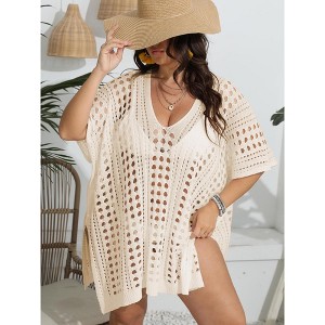 Plus Size Suimsuit Cover Up Short Sleeve Hollow Out Swimwear Bathing Suit Regular - 1 of 4