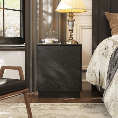 FUFU&GAGA Black Nightstand Side Table with Wave - Patterned Drawers Push-to-open Drawer Design, Modern Bedroom Storage