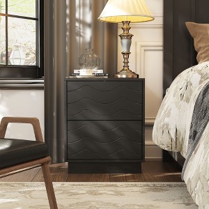 FUFU&GAGA Black Nightstand Side Table with Wave - Patterned Drawers Push-to-open Drawer Design, Modern Bedroom Storage - 1 of 4