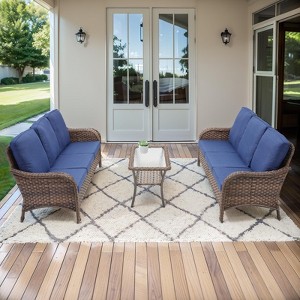 Buenhomino Outdoor Furniture 3-Seater Rattan Sofa Patio Wicker Sofa Couch Furniture Set with Glass Coffee Tables - 1 of 4