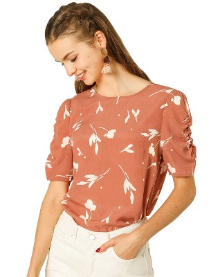 INSPIRE CHIC Women's Floral Summer Crew Neck Casual Shirred Short Sleeve Blouse