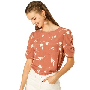 INSPIRE CHIC Women's Floral Summer Crew Neck Casual Shirred Short Sleeve Blouse - 1 of 4