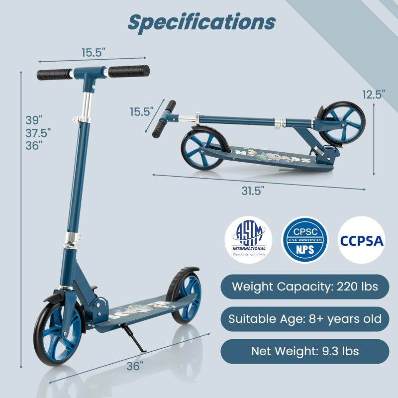 Foldable Scooter for Teens & Adults Height Adjustable Pedal Scooter w/ 8 Inch Big Wheels & Foot Brake w/ 3 Adjustable Heights & Aluminum Frame, 4 of 11