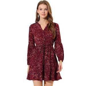 Allegra K Women's Floral Print Button Front Puff Sleeve Tie Waist Shirt Dress - 1 of 4