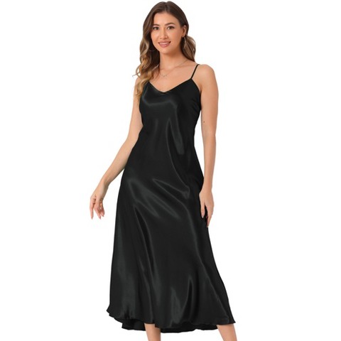 Женские платья INSPIRE CHIC Women's Satin Sleeveless V Neck Spaghetti Strap Evening Party Maxi Dress Black Small