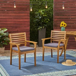 Gulches 2-Pack Outdoor Dining Chairs - Teak-Finished Acacia Wood, Wicker Seats, Water-Resistant Dark Grey Cushions, Rustic Patio Furniture - 1 of 4