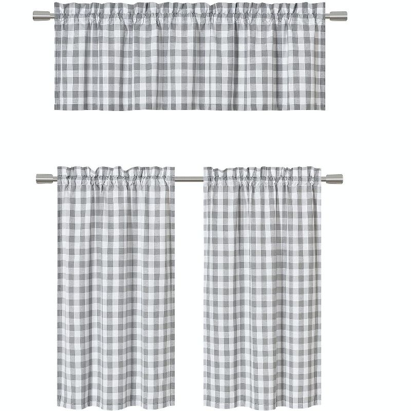 Kate Aurora Country Farmhouse Plaid Checkered Gingham 3 Pc Kitchen Curtain Tier & Valance Set, 1 of 3