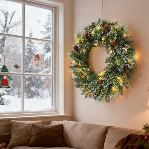 Pre-Lit Artificial Christmas Wreath 24", Snow Flocked Front Door Decorative Xmas Wreath with Warm Lights - 1 of 4