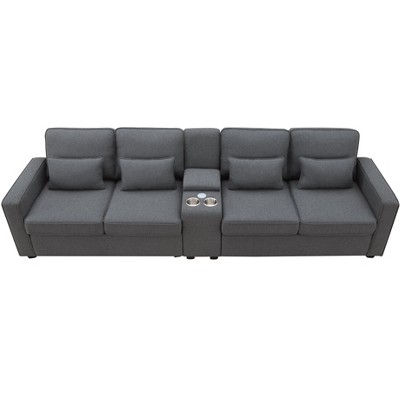 VYNXARIA 114.2in Upholstered Sofa with Console, 2 Cupholders and 2 USB Ports Wired or Wirelessly Charged, Modern Linen Fabric Couches with 4 Pillow
