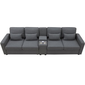 VYNXARIA 114.2in Upholstered Sofa with Console, 2 Cupholders and 2 USB Ports Wired or Wirelessly Charged, Modern Linen Fabric Couches with 4 Pillow - 1 of 4