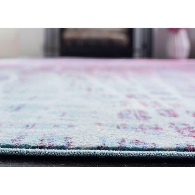 Blue and Fuchsia Abstract Synthetic Runner Rug