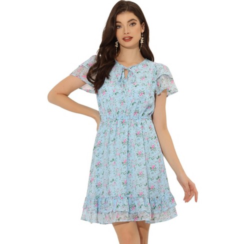 Allegra K Women's Ruffle Sleeve Self-tie V Neck Mini A-line Floral ...