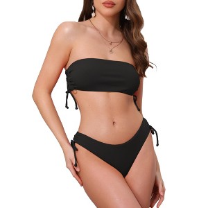 INSPIRE CHIC Women's Bandeau Drawstring Side Tie Ribbed Bikini Sets, Strapless Top Triangle Bottom Swimwear Bathing Suits 1 Set - 1 of 4