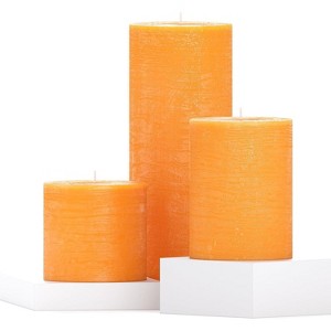 Assorted Pillar Candles Set of 3 ¨C Sizes 3", 4", 8" Unscented Dripless Large Candles, Rustic Style for Seasonal Decor, Events, Weddings ¨C Orange - 1 of 4
