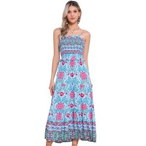 INSPIRE CHIC Women's Summer Spaghetti Strap A-Line Flowy Smocked Midi Boho Floral Sundresses - 1 of 4
