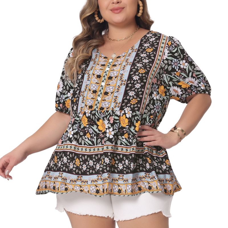 Agnes Orinda Women's Plus Size Boho Floral Print V Neck Short Sleeve Summer Shirts Peplum Blouses, 1 of 6