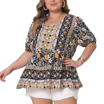 Agnes Orinda Women's Plus Size Boho Floral Print V Neck Short Sleeve Summer Shirts Peplum Blouses
