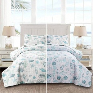 Reversible Coastal Beach Quilt Set, Queen/Full Size, Ocean Coral Bedding, Lightweight Summer Daybed Set - 1 of 4