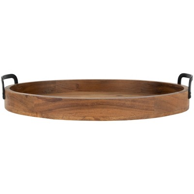 Set of 3 Acacia Wood Trays with Metal Handles