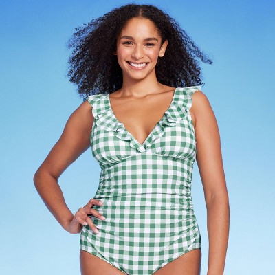 Women's Gingham Ruffle Full Coverage One Piece Swimsuit - Kona Sol™ Green Floral Print