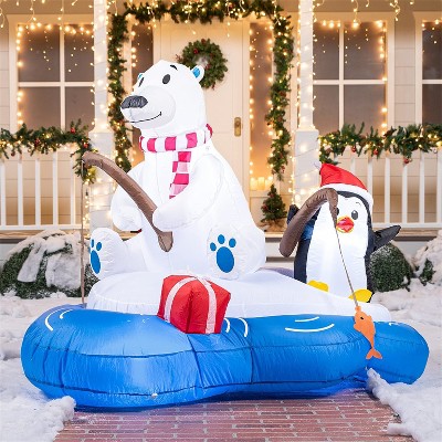 Joyfy 6ft LED Christmas Inflatable Polar Bear Fishing with Penguin - Blow-Up Yard Decor for Indoor/Outdoor Holiday Displays