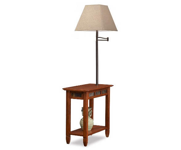 Favorite Finds Chairside Swing Arm Lamp Table with Burlap Shade Rustic Oak - Leick Home