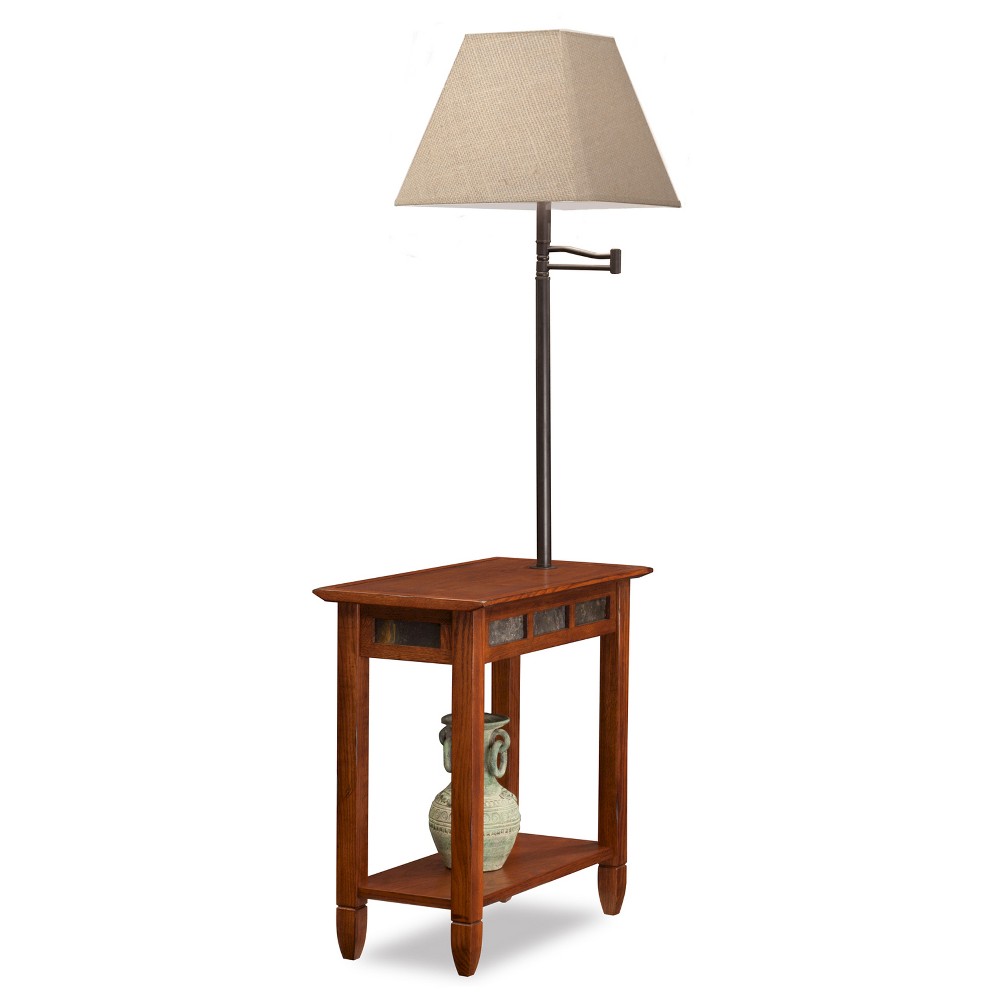 Favorite Finds Chairside Swing Arm Lamp Table with Burlap Shade Rustic Oak (Brown) - Leick Home