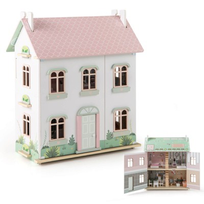 Costway Kids Wooden Dollhouse with Double-Sided Roofs & Openable Doors Rich Furniture