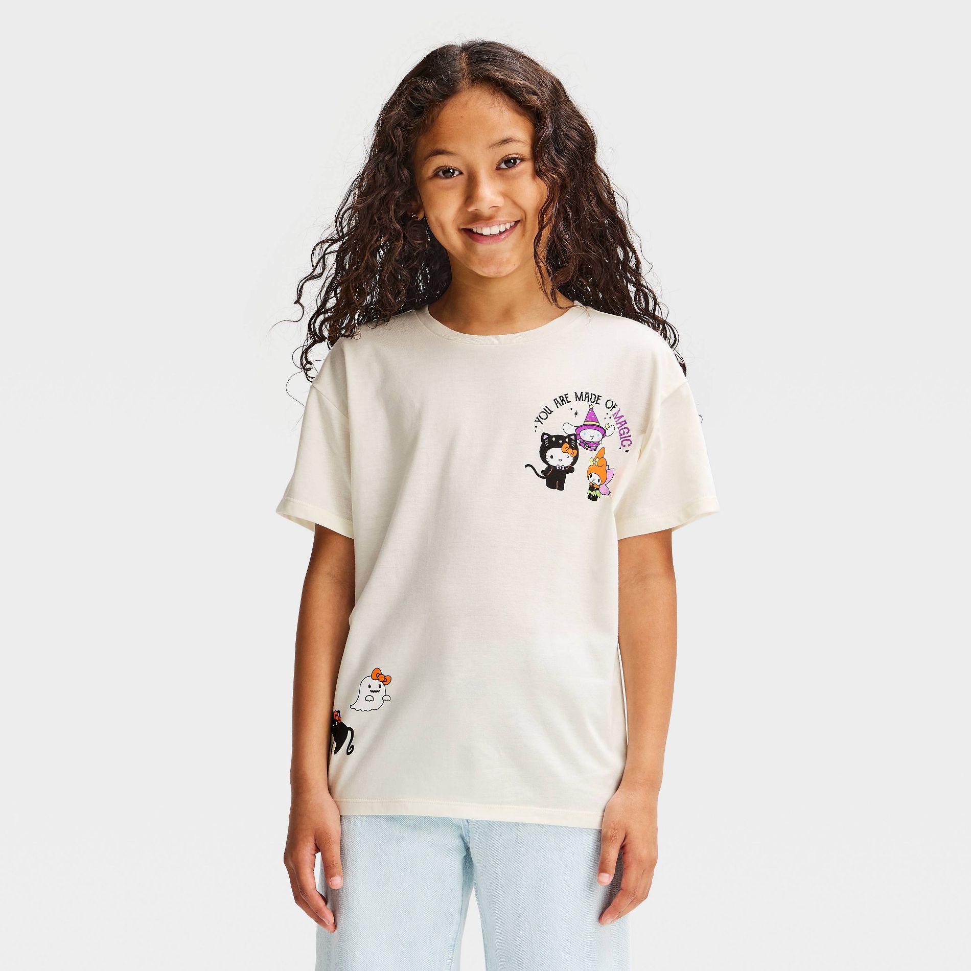 Girls' Hello Kitty Halloween Oversized Front and Back Graphic T-Shirt - Cream
