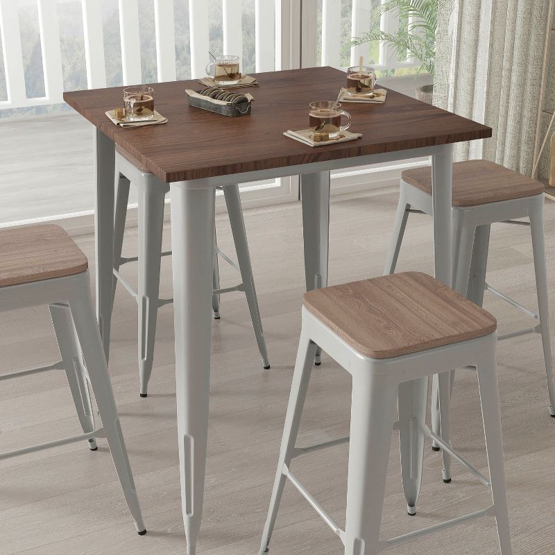 Merrick Lane 5 Piece Bar Table and Stools Set with 31.5" Square Silver Metal Table with Wood Top and 4 Matching Bar Stools, 4 of 5