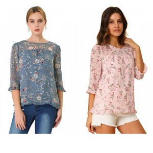 Allegra K Women's Round Neck Ruffle 3/4 Sleeve Floral Print Chiffon Blouse 2 Pcs - 1 of 4