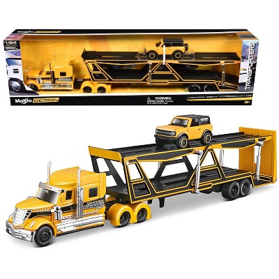 International Lonestar Open Car Hauler Yellow w/Black & 2021 Ford Bronco Badlands Yellow w/Black 1/64 Diecast Models by Maisto