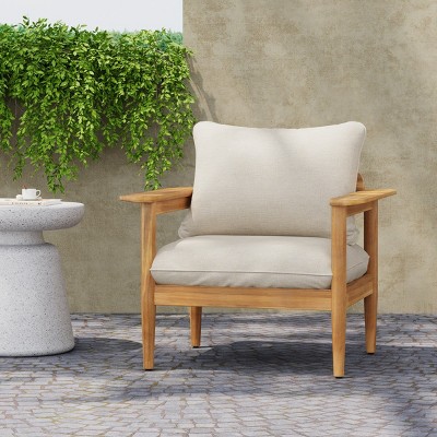 Acacia Wood Outdoor Lounge Chair with Beige Cushions, Wide Backrest and Armrests for Patio or Garden Relaxation-Cuddlewood