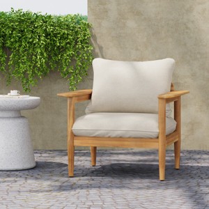 Acacia Wood Outdoor Lounge Chair with Beige Cushions, Wide Backrest and Armrests for Patio or Garden Relaxation-Cuddlewood - 1 of 4