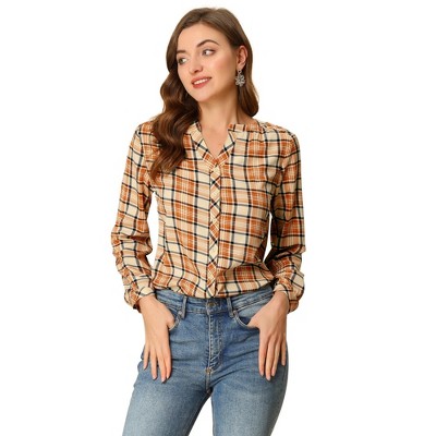 Allegra K Women's Casual Plaid Blouse Button Up V-Neck Long Sleeve Western Shirt