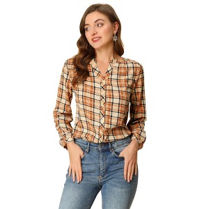 Allegra K Women's Casual Plaid Blouse Button Up V-Neck Long Sleeve Western Shirt - 1 of 4