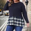 Women's Plus Size Patchwork Plaid Contrast Hem Crew Neck Long Sleeve Casual Fall Peplum Blouse - Agnes Orinda - 2 of 4