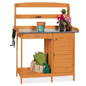 Best Choice Products Outdoor Garden Wooden Potting Bench Station w/ Metal Table Top, Pre-Stained Finish, Cabinet - Brown - 1 of 4