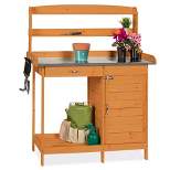 Best Choice Products Outdoor Garden Wooden Potting Bench Station w/ Metal Table Top, Pre-Stained Finish, Cabinet - Brown