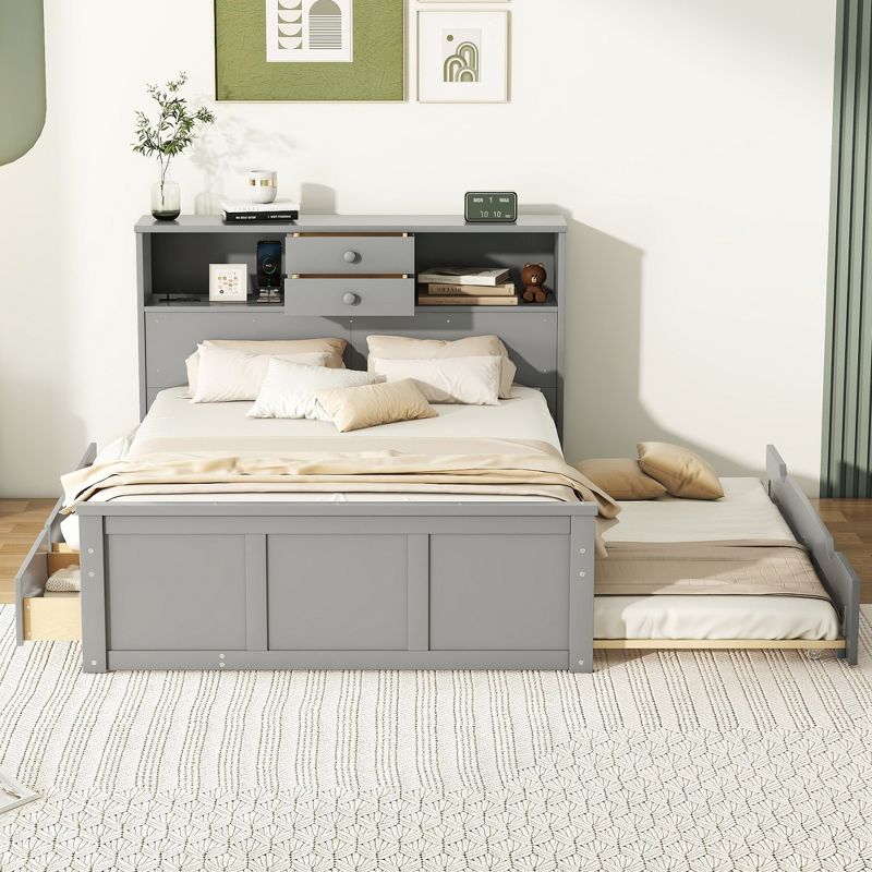 Full Size Wood Pltaform Bed with Twin Size Trundle, 3 Drawers, Upper Shelves and USB Ports 4A - ModernLuxe, 2 of 10