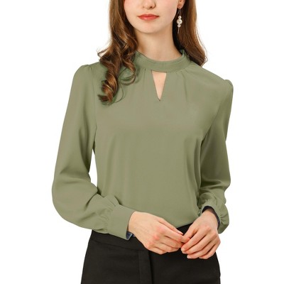 INSPIRE CHIC Women's Office Keyhole Elegant Stand Collar Long Sleeve Back Neck Button Blouse