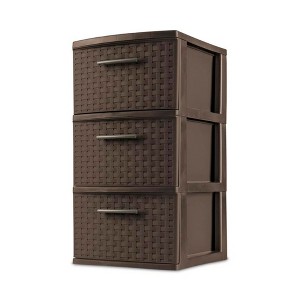 Sterilite 3 Drawer Storage Tower, Plastic Decorative Weave Organizer Drawers for Dorm, Closet, Bedroom, or Craft Room Organization, 8 Pack, Espresso - 1 of 4