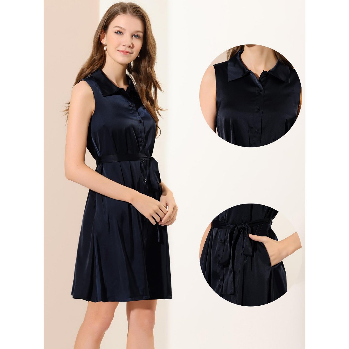 Женские платья INSPIRE CHIC Women's Sleeveless Solid Button Front Workwear Belted Shirt Dress Dark Blue Large — фото 2