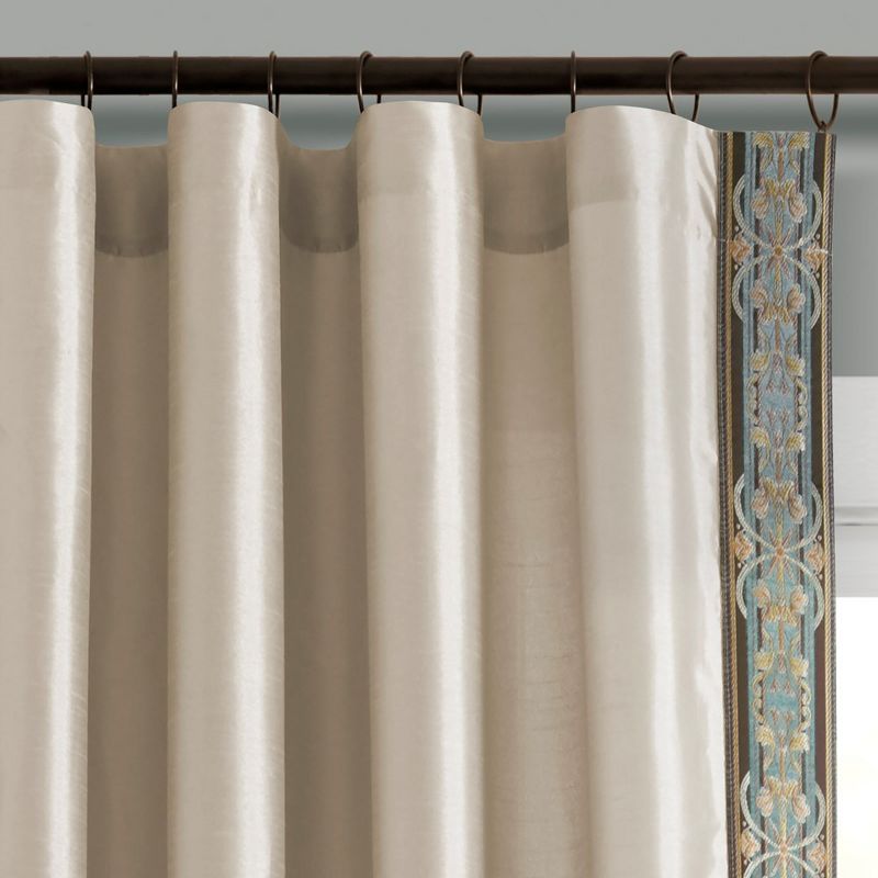 Luxury Traditional Regency Faux Silk Border Trim Window Curtain Panel Neutral/DustyBlue Single 52x84, 1 of 6