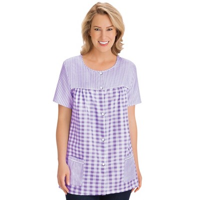 Collections Etc Seersucker Checkered Pattern Snap Front Top with Pockets, Lightweight Short-Sleeve Scoop Neckline Shirt