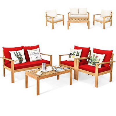 Costway Outdoor 4pcs Acacia Wood Chat Conversation Sofa 2 Sets Cushion Cover Turquoise/Red